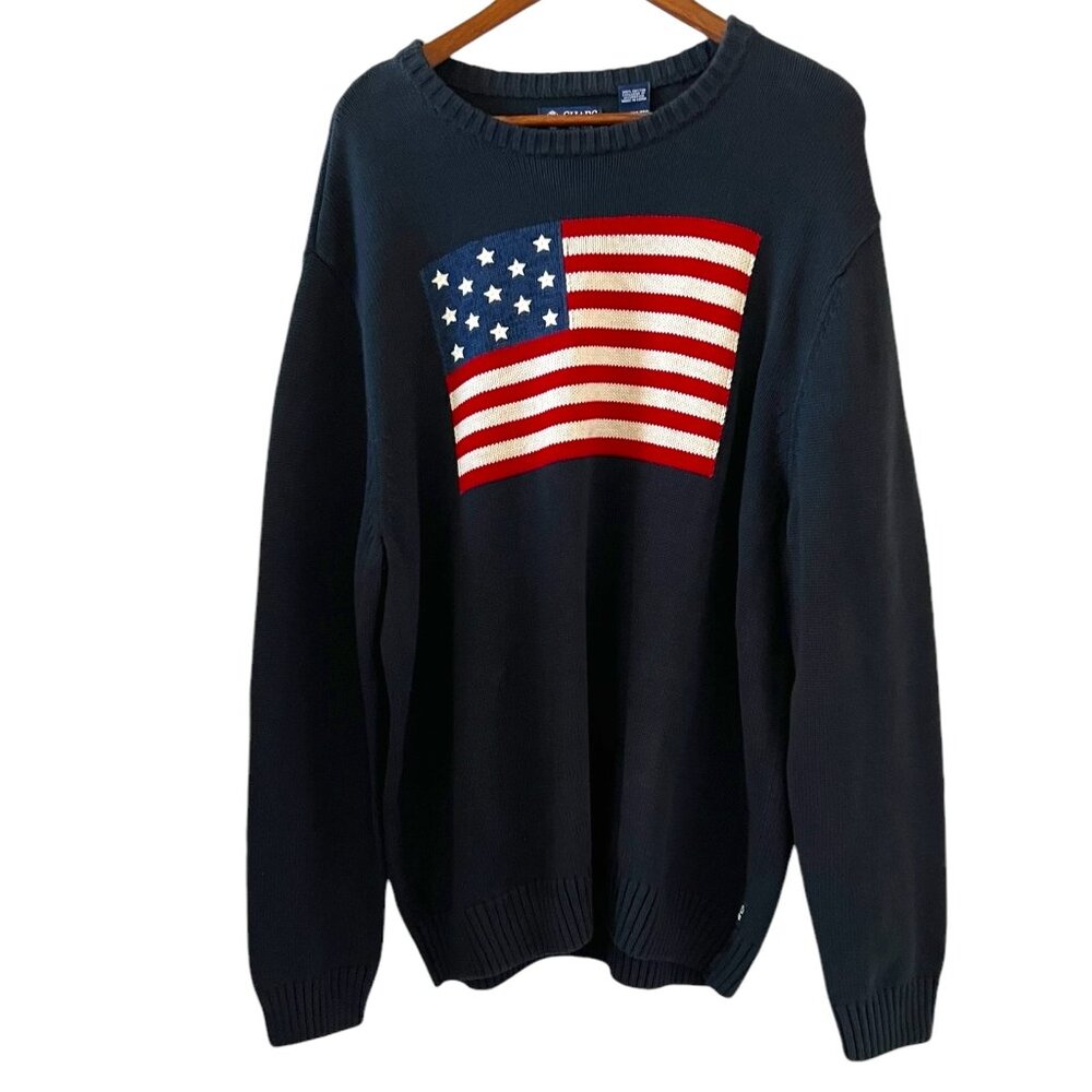 Chaps Navy Crewneck Sweater with American Flag